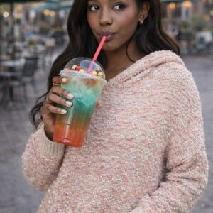 ANDTHEWHY Y2K Textured Hoodie Sweater Pink Cream Chunky Knit Hooded Pullover-S/M